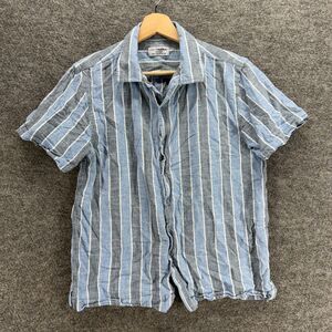 Eight Avenue Shirt Men M Medium Blue Striped Button Up Collared Short Sleeve